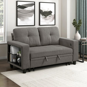 Hazel Boucle Fabric Love Seat with Pull-out Bed, Shelves and Charging Ports