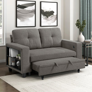 Hazel Boucle Fabric Love Seat with Pull-out Bed, Shelves and Charging Ports
