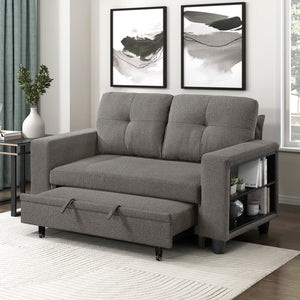 Hazel Boucle Fabric Love Seat with Pull-out Bed, Shelves and Charging Ports