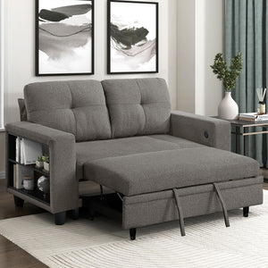 Hazel Boucle Fabric Love Seat with Pull-out Bed, Shelves and Charging Ports