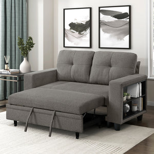 Hazel Boucle Fabric Love Seat with Pull-out Bed, Shelves and Charging Ports