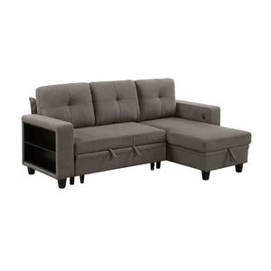 Hazel Boucle Fabric Sectional with Reversible Chaise, Pull-out Bed, Shelves and Charging Ports