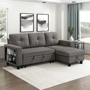 Hazel Boucle Fabric Sectional with Reversible Chaise, Pull-out Bed, Shelves and Charging Ports