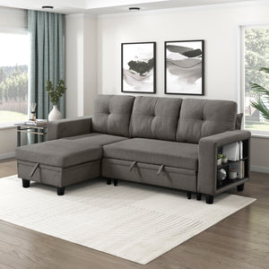 Hazel Boucle Fabric Sectional with Reversible Chaise, Pull-out Bed, Shelves and Charging Ports
