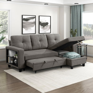 Hazel Boucle Fabric Sectional with Reversible Chaise, Pull-out Bed, Shelves and Charging Ports