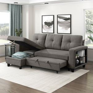 Hazel Boucle Fabric Sectional with Reversible Chaise, Pull-out Bed, Shelves and Charging Ports