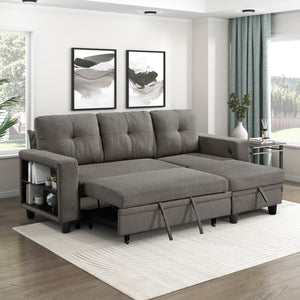 Hazel Boucle Fabric Sectional with Reversible Chaise, Pull-out Bed, Shelves and Charging Ports