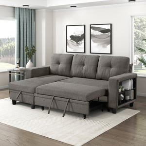 Hazel Boucle Fabric Sectional with Reversible Chaise, Pull-out Bed, Shelves and Charging Ports
