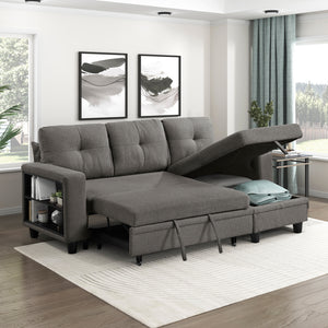 Hazel Boucle Fabric Sectional with Reversible Chaise, Pull-out Bed, Shelves and Charging Ports
