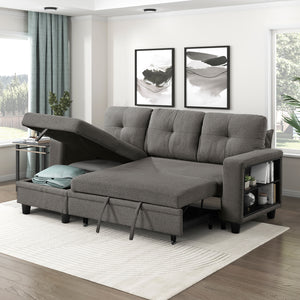 Hazel Boucle Fabric Sectional with Reversible Chaise, Pull-out Bed, Shelves and Charging Ports