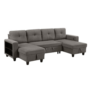 Hazel Boucle Fabric Sectional with Two Chaises, Pull-out Bed, Shelves and Charging Ports