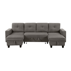 Hazel Boucle Fabric Sectional with Two Chaises, Pull-out Bed, Shelves and Charging Ports