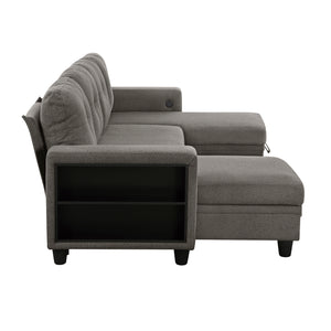 Hazel Boucle Fabric Sectional with Two Chaises, Pull-out Bed, Shelves and Charging Ports