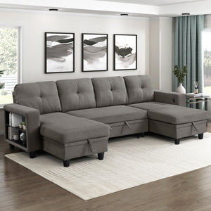 Hazel Boucle Fabric Sectional with Two Chaises, Pull-out Bed, Shelves and Charging Ports