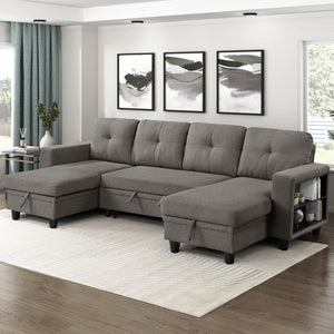 Hazel Boucle Fabric Sectional with Two Chaises, Pull-out Bed, Shelves and Charging Ports