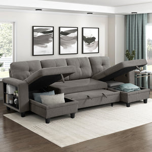 Hazel Boucle Fabric Sectional with Two Chaises, Pull-out Bed, Shelves and Charging Ports