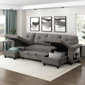 Hazel Boucle Fabric Sectional with Two Chaises, Pull-out Bed, Shelves and Charging Ports