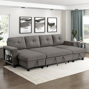 Hazel Boucle Fabric Sectional with Two Chaises, Pull-out Bed, Shelves and Charging Ports