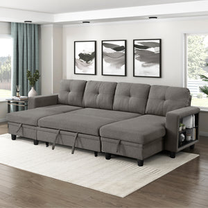 Hazel Boucle Fabric Sectional with Two Chaises, Pull-out Bed, Shelves and Charging Ports