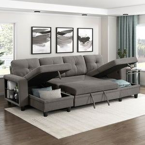 Hazel Boucle Fabric Sectional with Two Chaises, Pull-out Bed, Shelves and Charging Ports