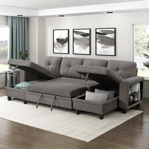 Hazel Boucle Fabric Sectional with Two Chaises, Pull-out Bed, Shelves and Charging Ports