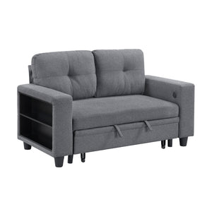 Hazel Boucle Fabric Love Seat with Pull-out Bed, Shelves and Charging Ports