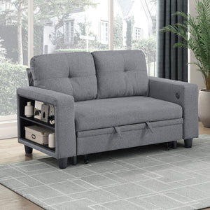 Hazel Boucle Fabric Love Seat with Pull-out Bed, Shelves and Charging Ports