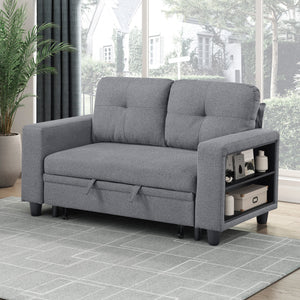 Hazel Boucle Fabric Love Seat with Pull-out Bed, Shelves and Charging Ports