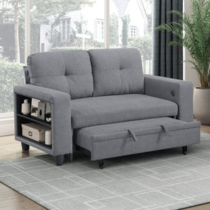 Hazel Boucle Fabric Love Seat with Pull-out Bed, Shelves and Charging Ports