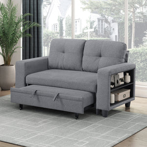 Hazel Boucle Fabric Love Seat with Pull-out Bed, Shelves and Charging Ports