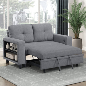 Hazel Boucle Fabric Love Seat with Pull-out Bed, Shelves and Charging Ports