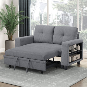 Hazel Boucle Fabric Love Seat with Pull-out Bed, Shelves and Charging Ports