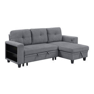 Hazel Boucle Fabric Sectional with Reversible Chaise, Pull-out Bed, Shelves and Charging Ports