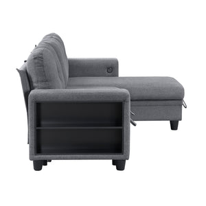Hazel Boucle Fabric Sectional with Reversible Chaise, Pull-out Bed, Shelves and Charging Ports