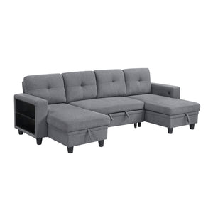 Hazel Boucle Fabric Sectional with Two Chaises, Pull-out Bed, Shelves and Charging Ports