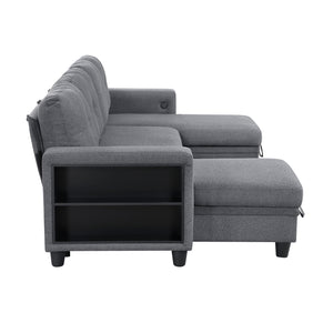Hazel Boucle Fabric Sectional with Two Chaises, Pull-out Bed, Shelves and Charging Ports