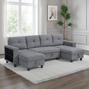 Hazel Boucle Fabric Sectional with Two Chaises, Pull-out Bed, Shelves and Charging Ports