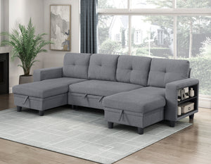 Hazel Boucle Fabric Sectional with Two Chaises, Pull-out Bed, Shelves and Charging Ports