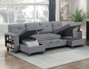 Hazel Boucle Fabric Sectional with Two Chaises, Pull-out Bed, Shelves and Charging Ports