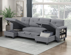 Hazel Boucle Fabric Sectional with Two Chaises, Pull-out Bed, Shelves and Charging Ports