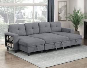 Hazel Boucle Fabric Sectional with Two Chaises, Pull-out Bed, Shelves and Charging Ports