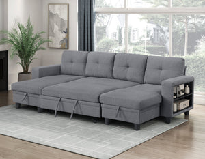 Hazel Boucle Fabric Sectional with Two Chaises, Pull-out Bed, Shelves and Charging Ports