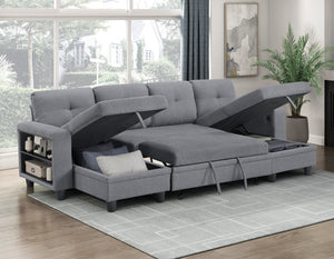 Hazel Boucle Fabric Sectional with Two Chaises, Pull-out Bed, Shelves and Charging Ports