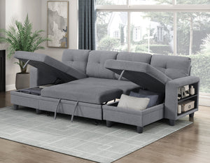 Hazel Boucle Fabric Sectional with Two Chaises, Pull-out Bed, Shelves and Charging Ports