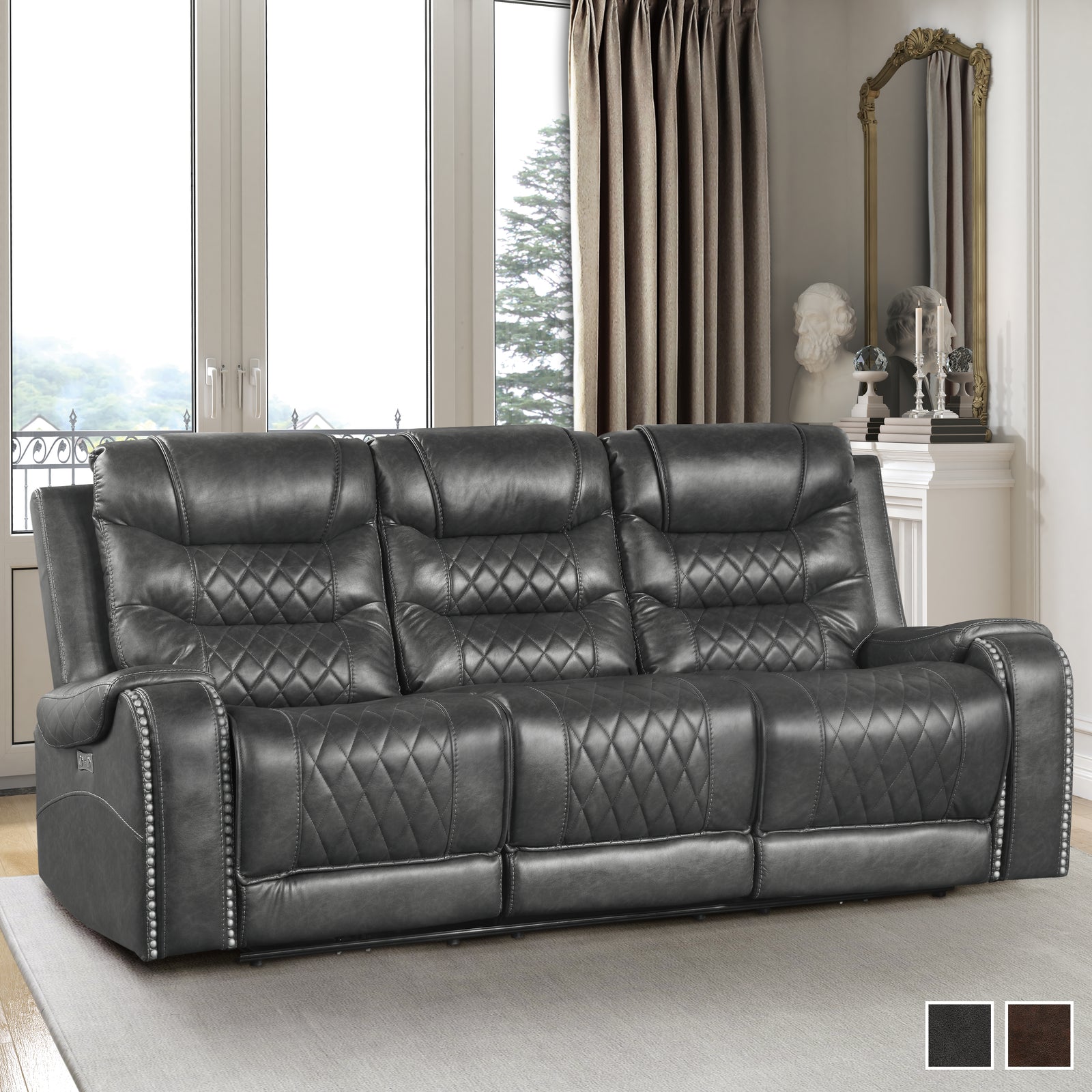 Lenci Power Double Reclining Sofa with Drop-Down Cup Holders, Receptacles and USB ports